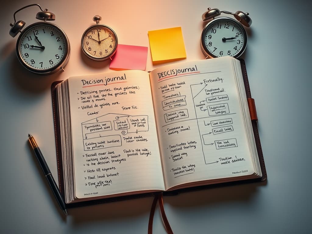 Open decision journal notebook with structured entries for tracking choices and outcomes